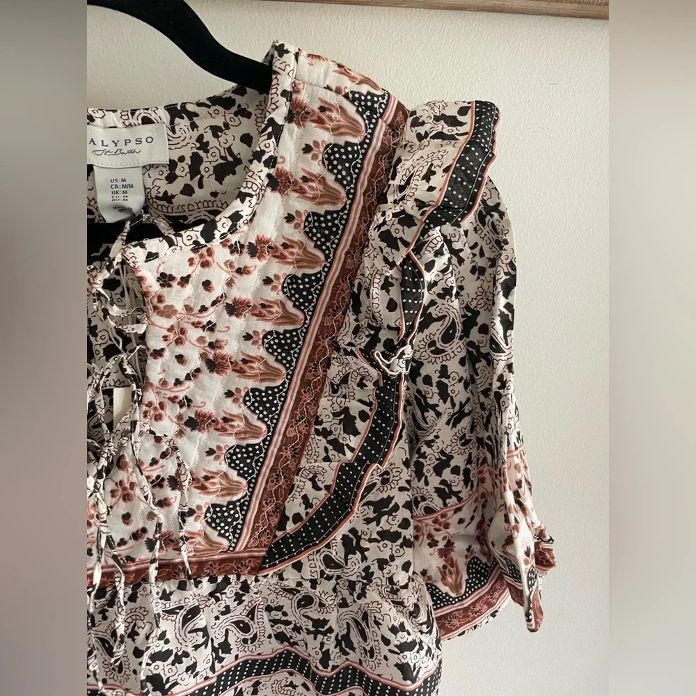 Calypso St. Barth Cream Blouse with Rust and Black Paisley Print - Picture 2 of 8